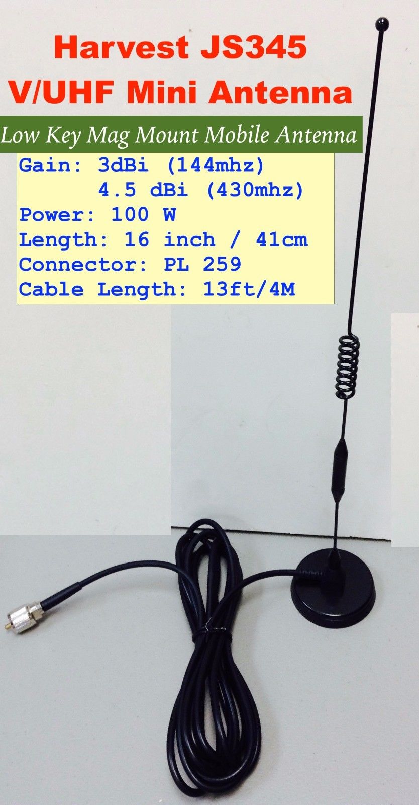 Harvest JS345 Dual-Band (144/430mhz) V/U Mobile Antenna